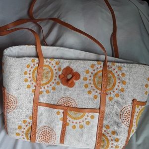Orange & Off White Burlap Tote